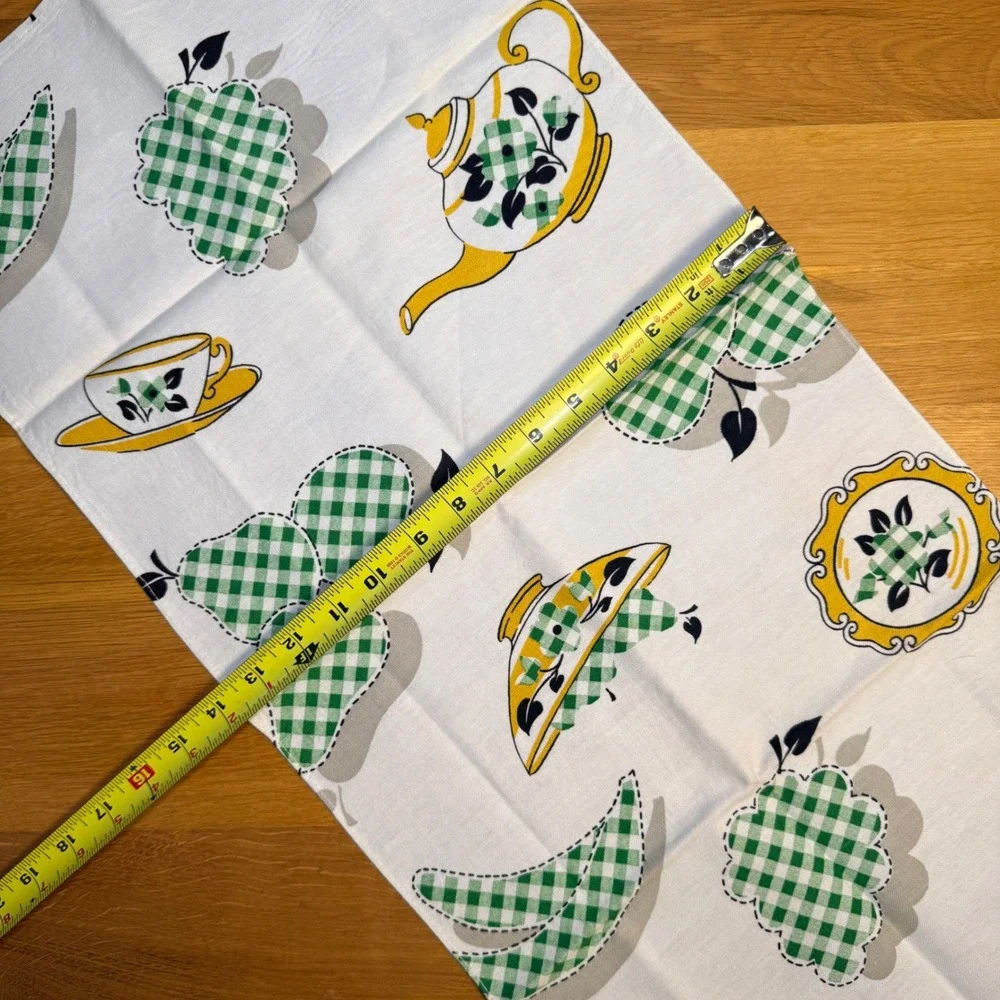 Vintage Mid Century Tea‎ Towel Green Gingham Teapot Fruit Yellow White Retro MCM